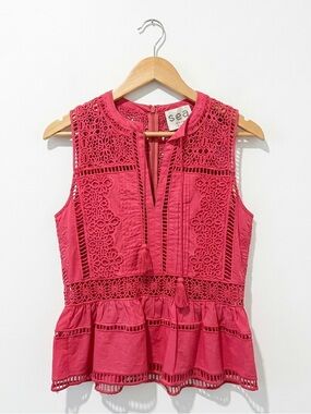 Sea New YorkRaspberry Pink Eyelet Lace Sleeveless Peplum Ruffle High Neck Blouse
